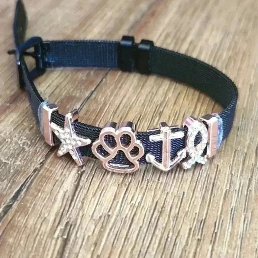 Black Strap Charm Bracelet – Paw, Anchor, Starfish, Ribbon